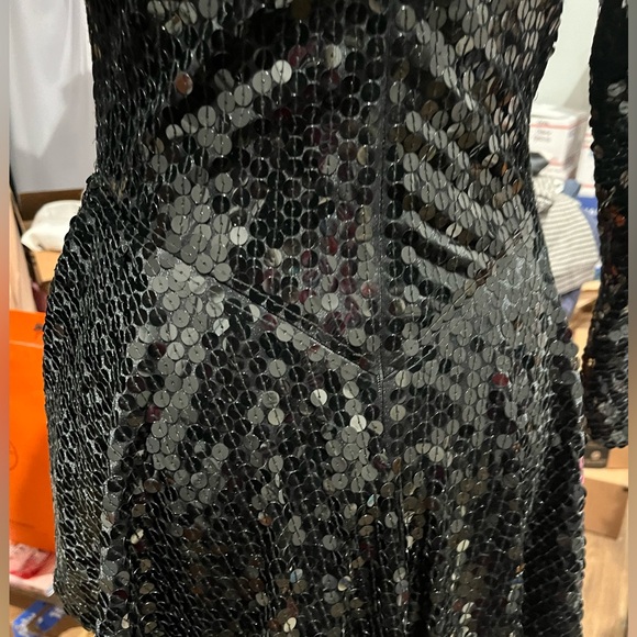 Black Sequin Long Sleeve Peplum Dress Vintage Oleg Cassini - Picture 8 of 13